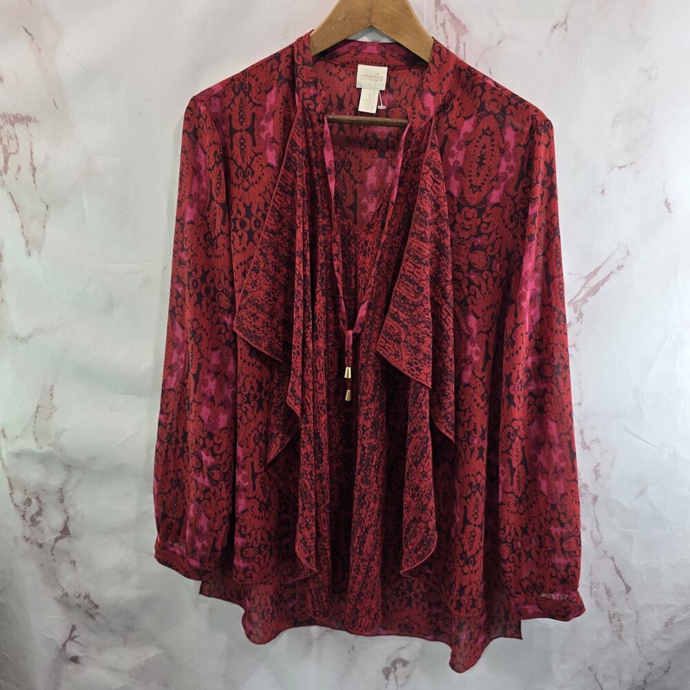 Chicos Shirt Women 1 Medium Red Black Blouse Flowy Ruffle Tie Long Sleeve V Neck